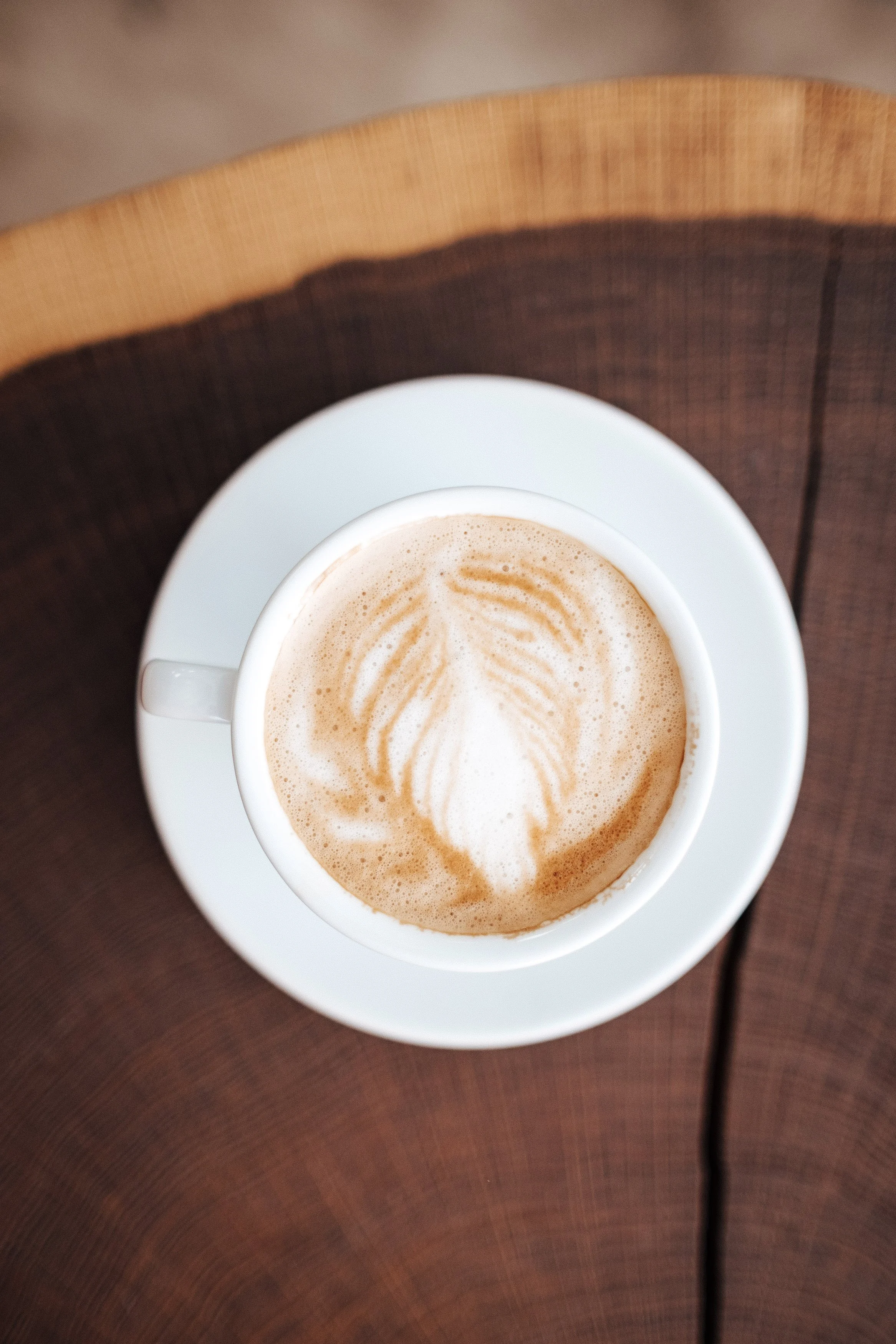 Eine Tasse Kaffee mit Milchschaum und Latte-Art auf einem weißen Unterteller auf einem Holztisch.