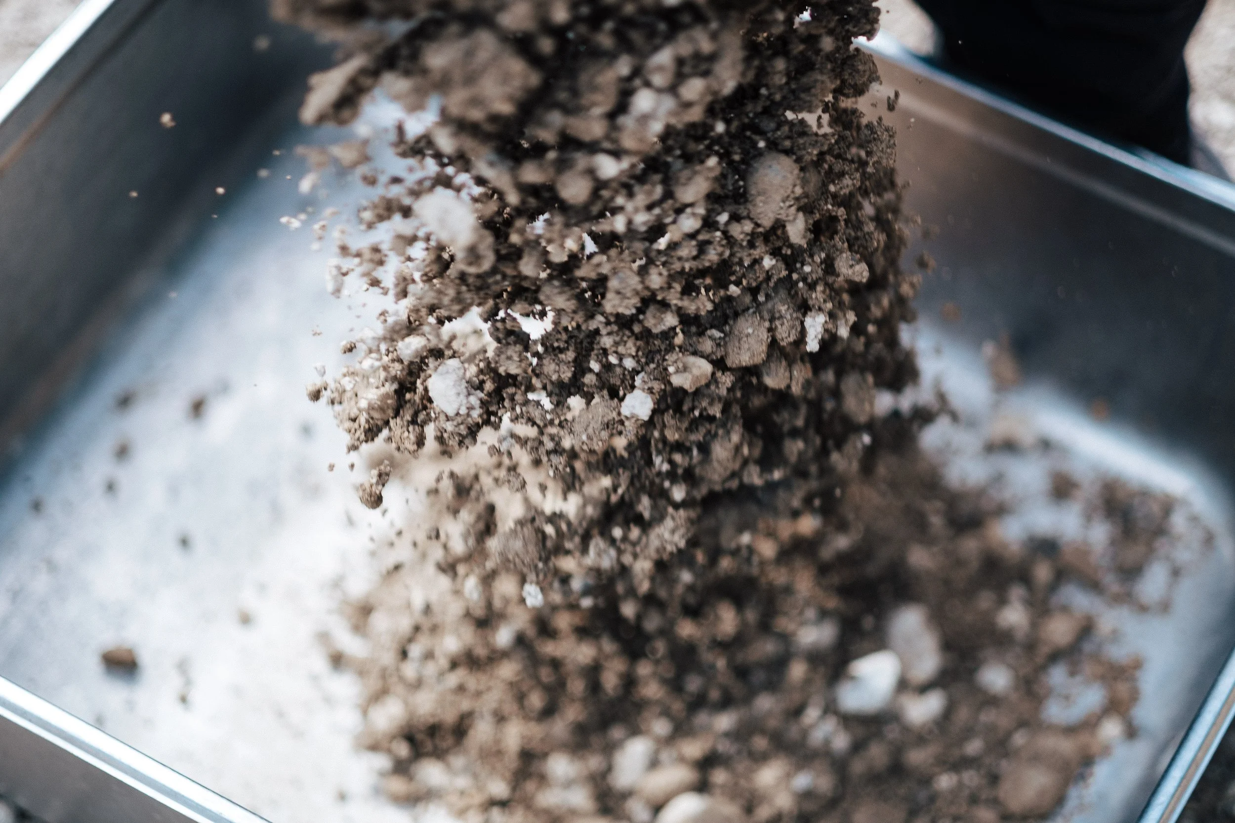 Sand und Erde wird in eine Blechschale geschaufelt.