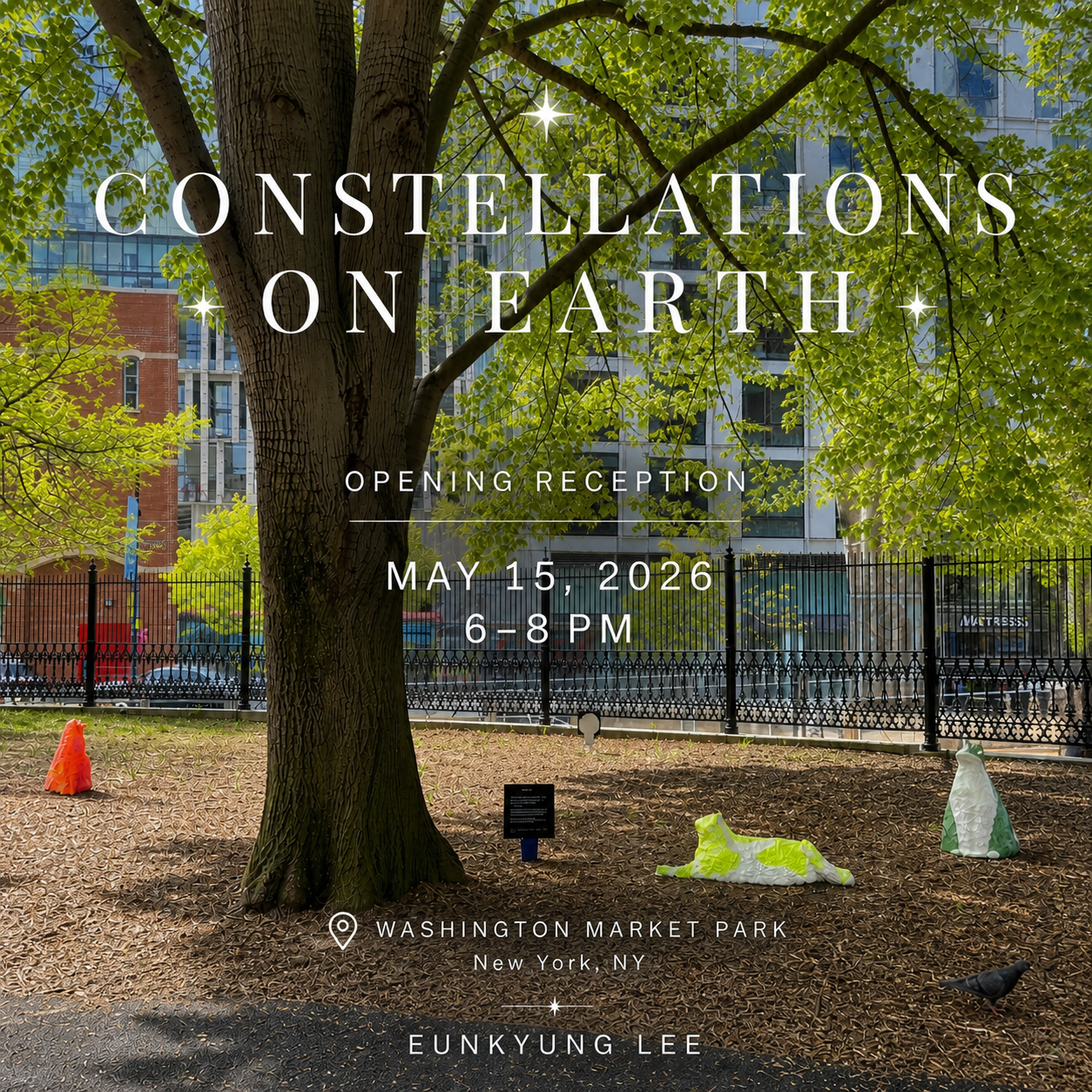 Join artist Eunkyung Lee as she hosts an opening reception for her sculptural installment in Washington Market Park, on May 15, 6-8pm. She will be in the park to answer questions and speak about her inspiration. 