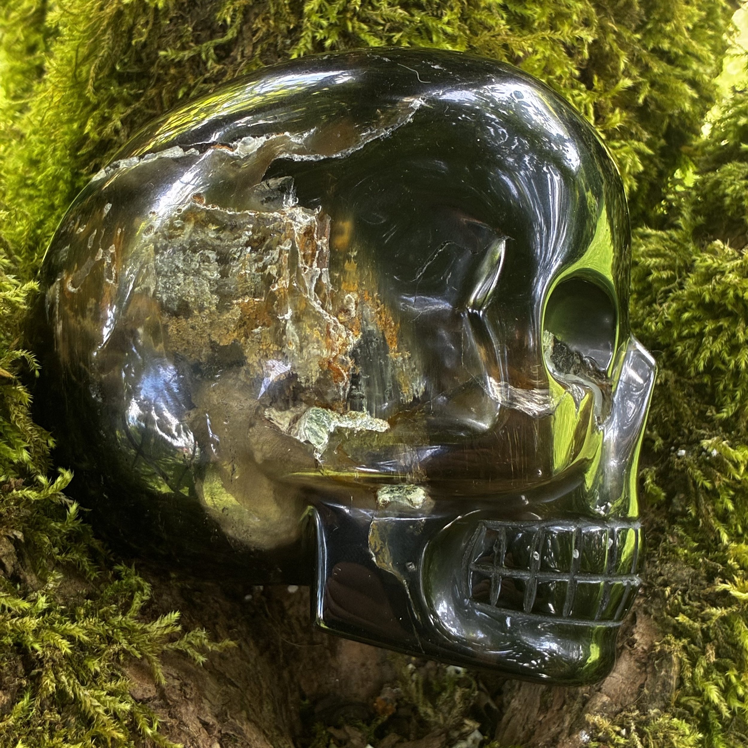 Nebula: Large Brazilian Carved Morion Smokey Quartz Skull carved by Vanderley, 1277g