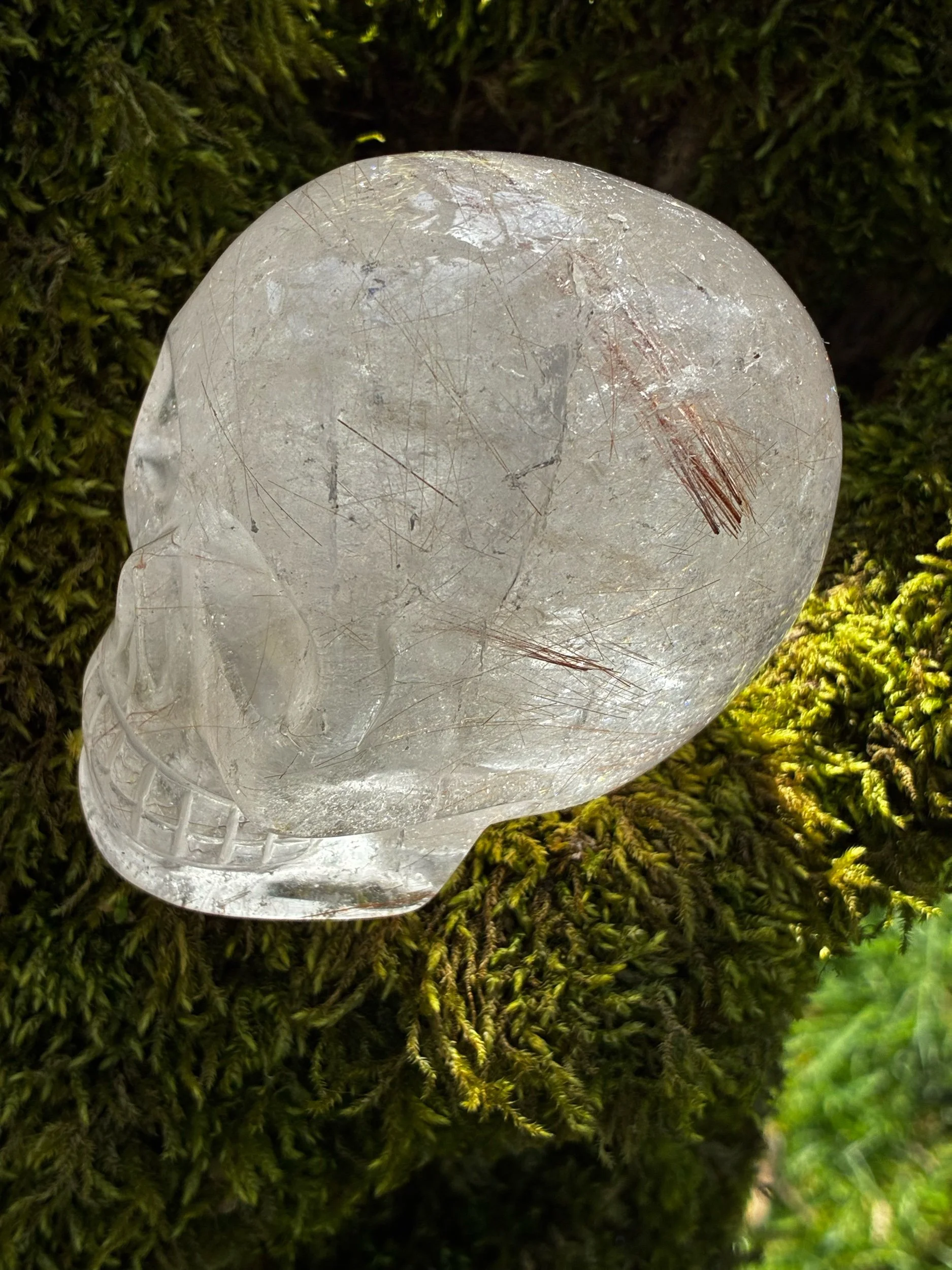Rare Brazilian Clear Quartz Skull with Golden Rutile Inclusions, 738g