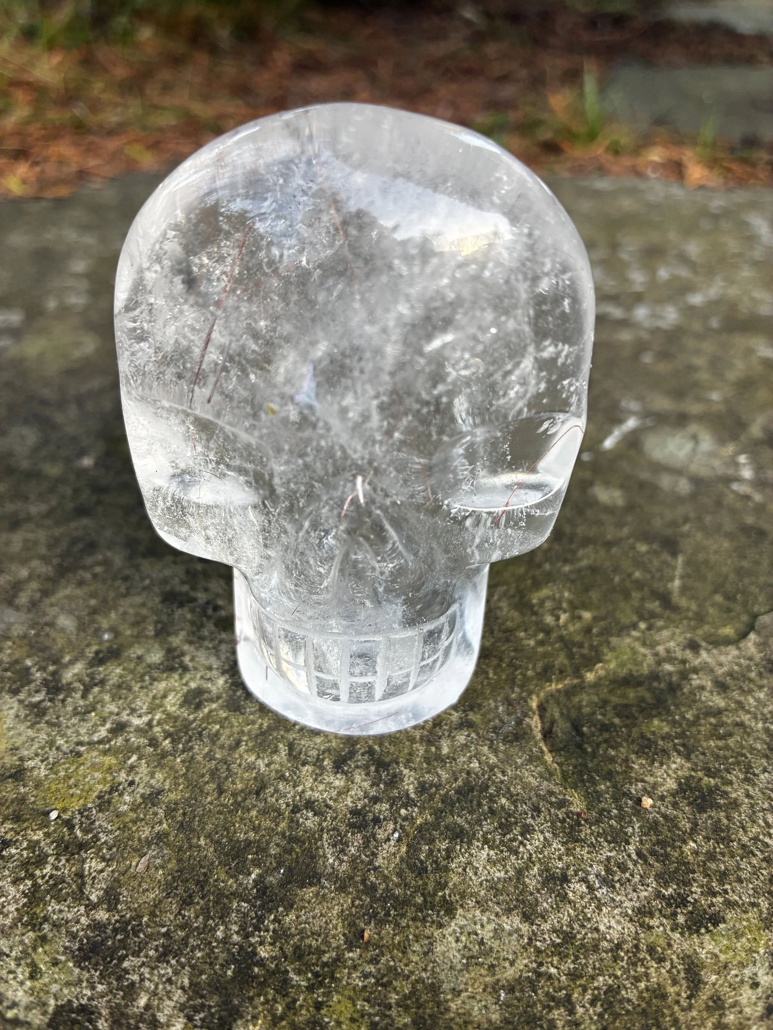 Brazilian Carved Skull Clear Quartz Palm stone / Journey Stone, 145g