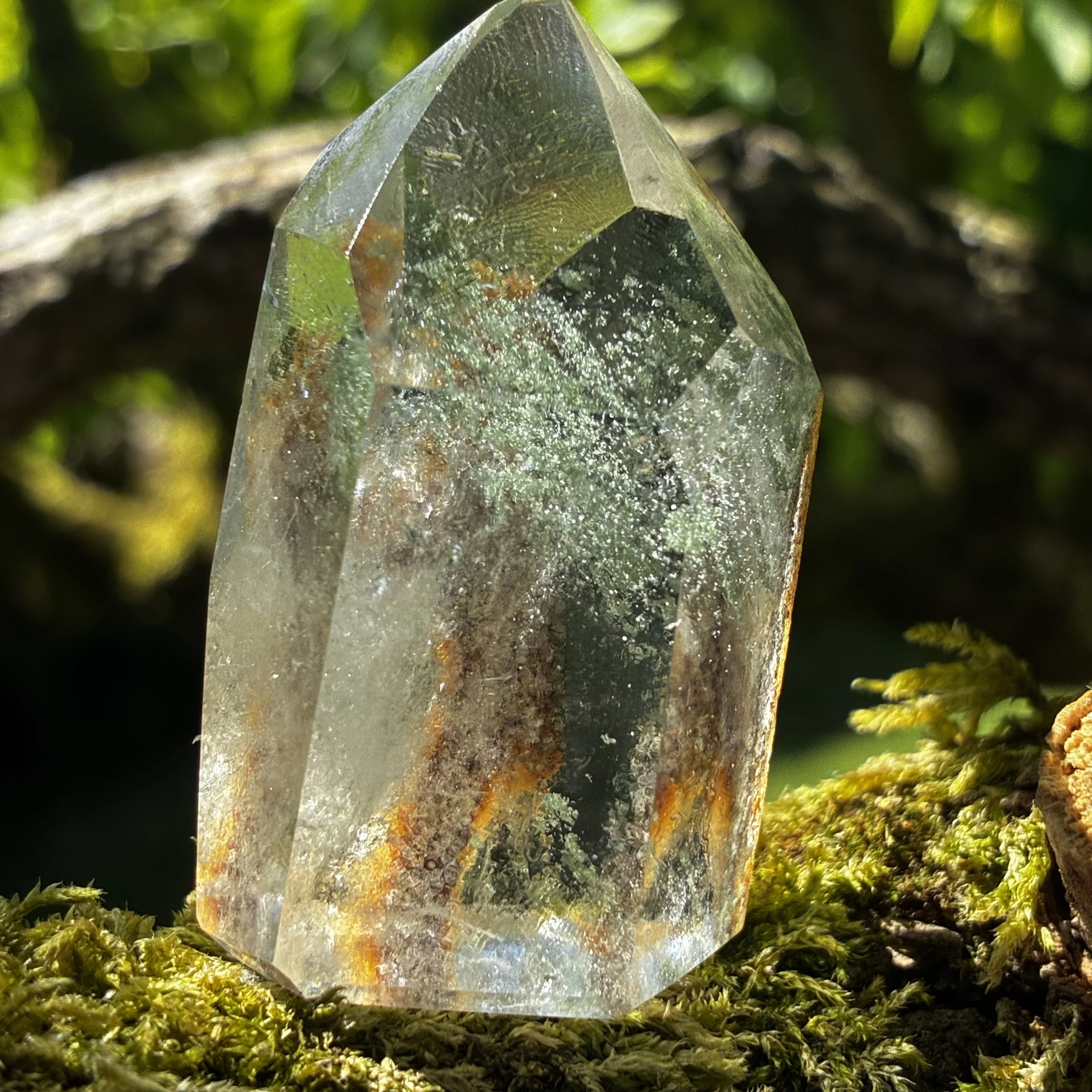 Lodolite Quartz Point with Green Chlorite & Iron Oxide Inclusions 74g