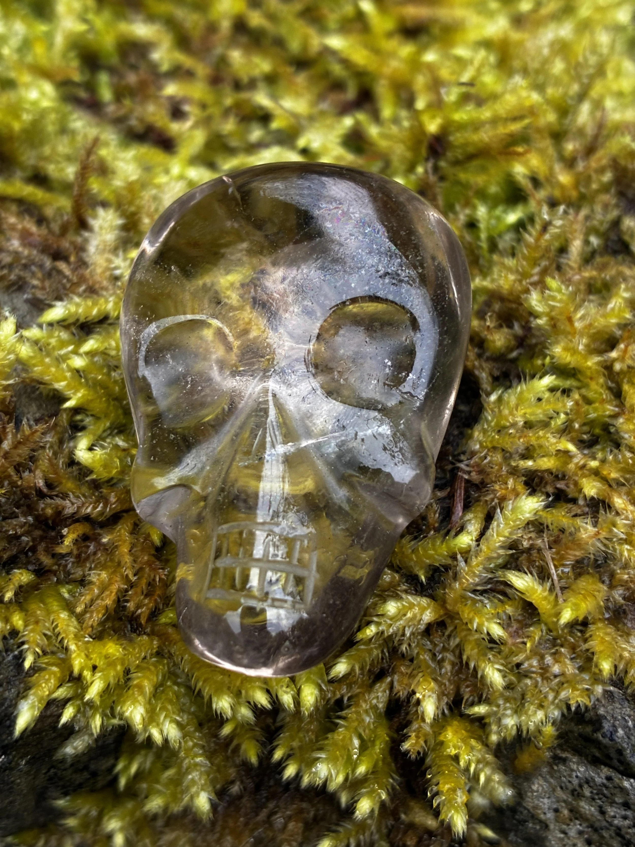 Brazilian Carved Skull face, Smokey Quartz Palm stone / Journey Stone, 20g