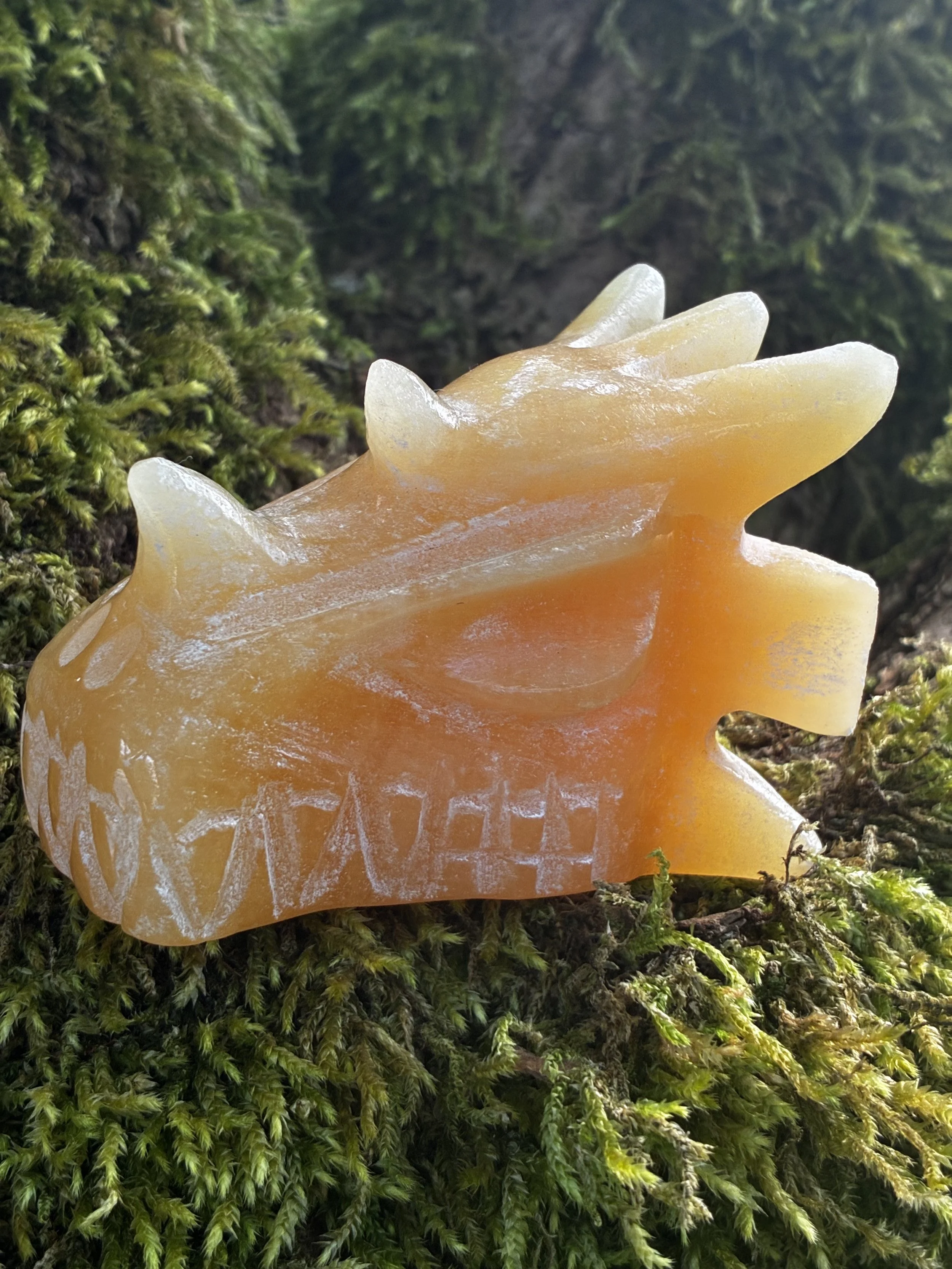 Sunforge: Yellow calcite Dragon Carevd by Wilson, 182g