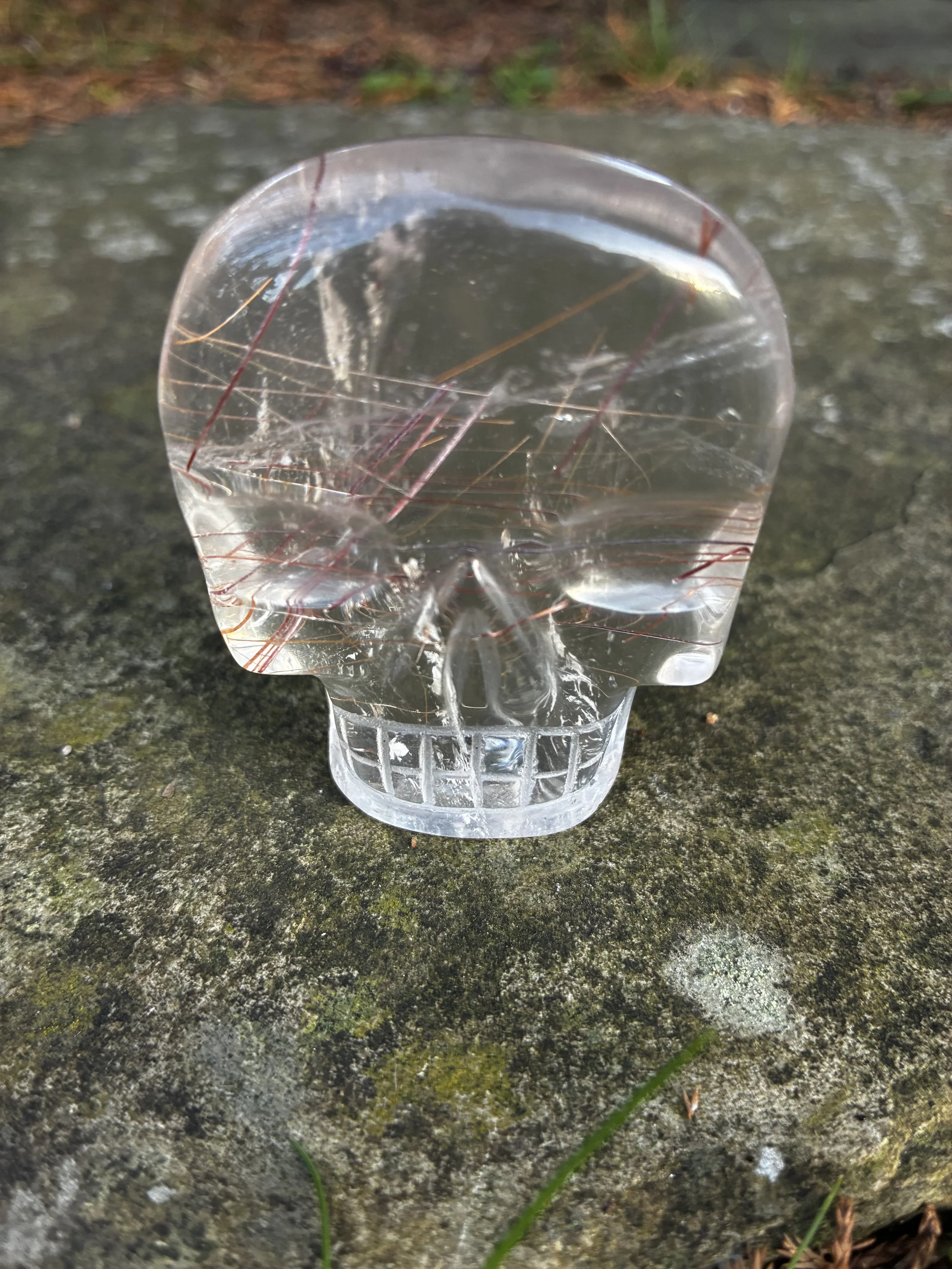 Brazilian Carved Skull, Clear Quartz with Rutile Palm stone / Journey Stone, 91g