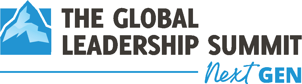 Logo of The Global Leadership Summit, featuring a stylized mountain and conference title in black and blue text.