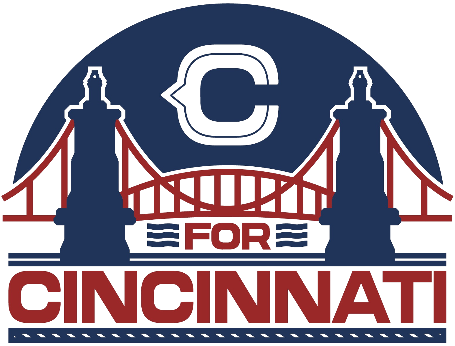 Logo for Cincinnati with a stylized depiction of the John A. Roebling Bridge in red and the word Cincinnati in red below.