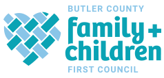 Logo of Butler County Family and Children First Council featuring a heart made of blue interconnected shapes and text.