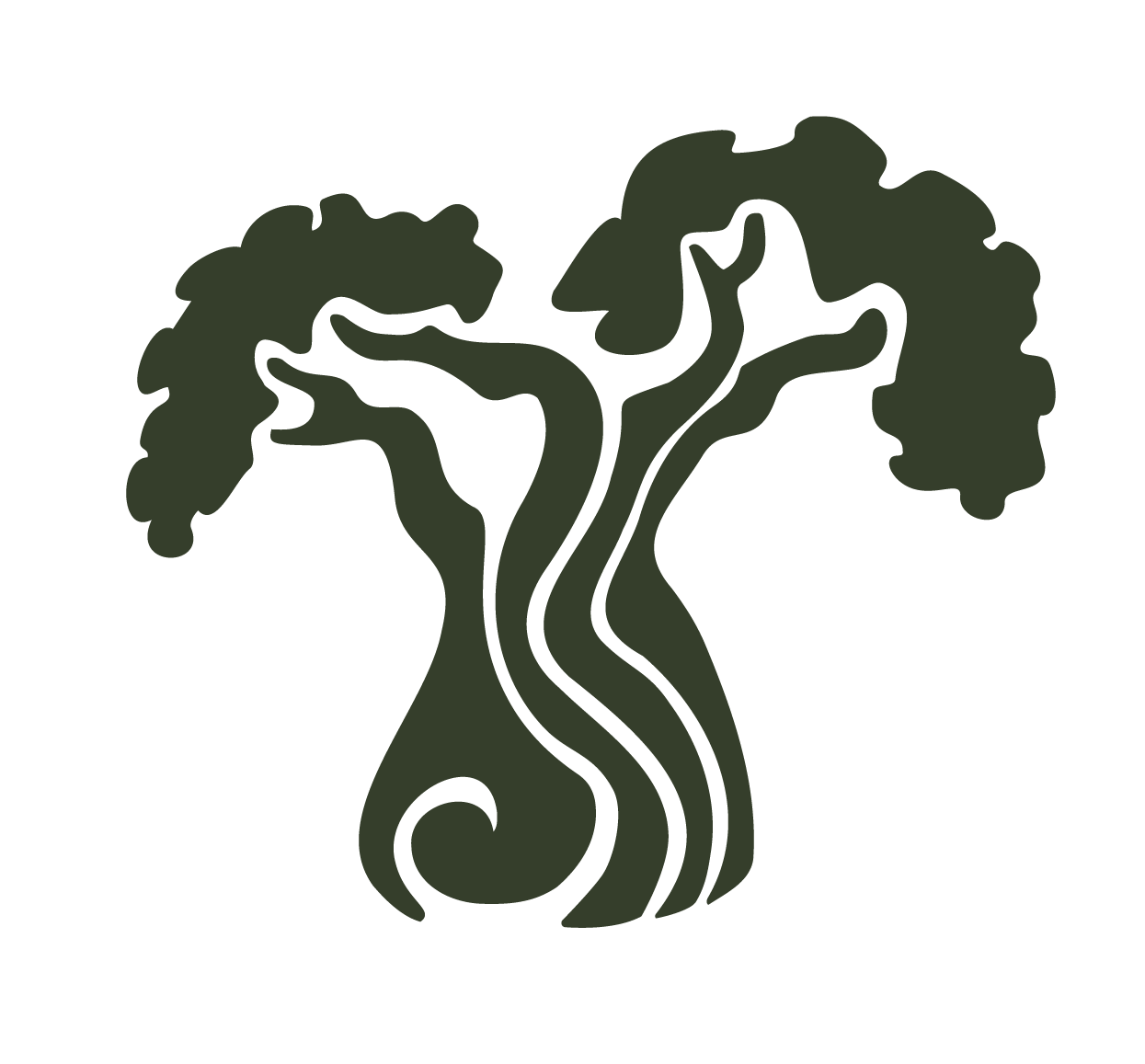 Illustration of an abstract tree with curving branches and dark green foliage.