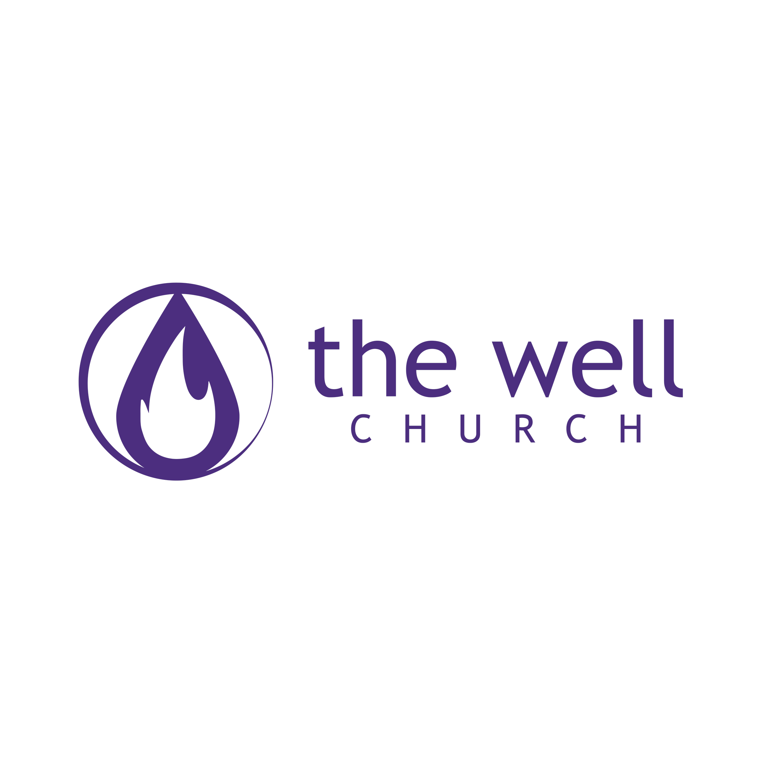 Logo of The Well Church featuring a stylized water droplet in purple next to the text 'the well' and 'CHURCH' in smaller purple letters.