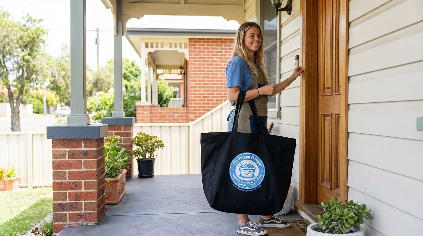 A woman holding a large black bag with a blue logo smiling as she reaches for her doorbell or door handle on the front porch of her house. The house has white siding, a wooden door, and potted plants on the porch.