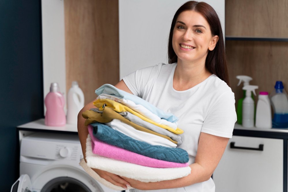 A woman is holding a stack of folded laundry, smiling in a laundry room with washing supplies in the background.