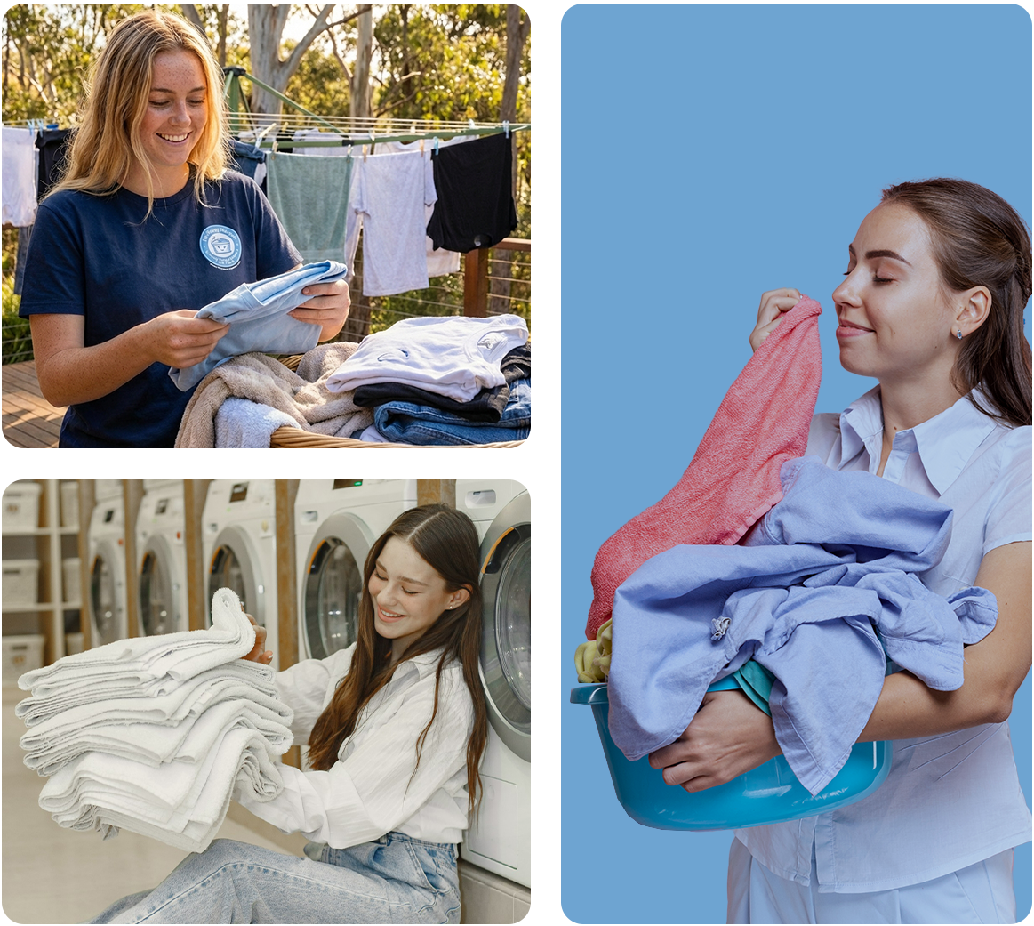 Collage of women doing laundry: Top left drying clothes outside, bottom left folding towels in laundromat, right holding laundry basket with folded clothes.