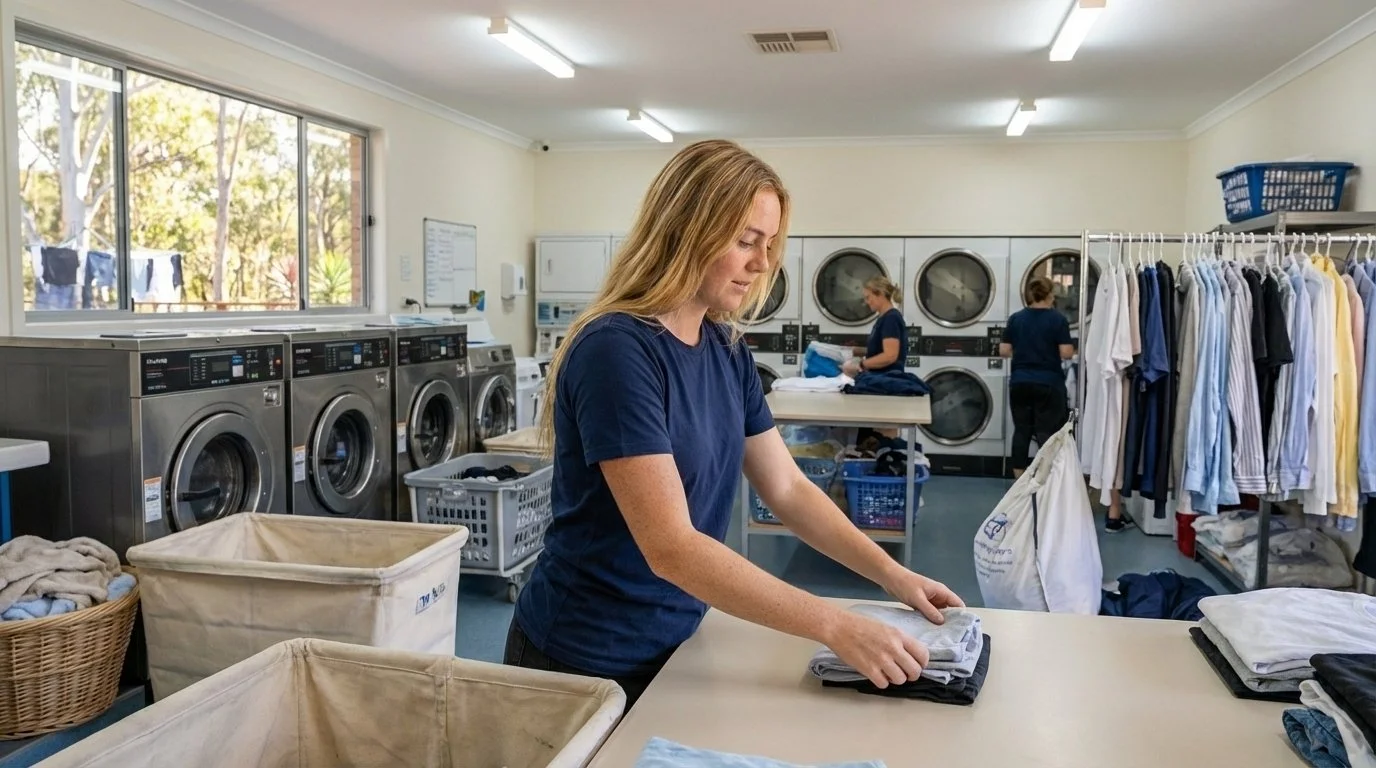 A woman folding laundry in a laundry room with commercial washers and dryers, bins of clothes, and a clothing rack with shirts.