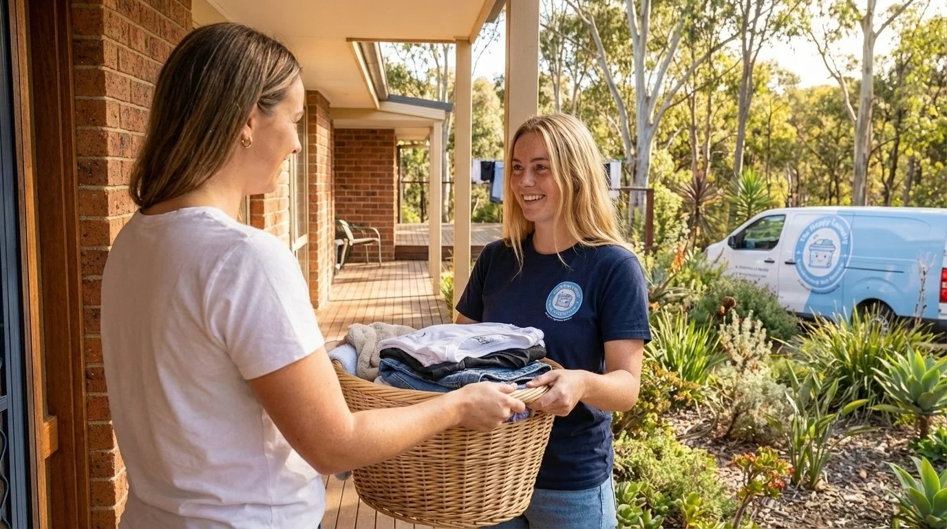 A woman handing a basket of clothes to another woman on a porch, smiling. In the background, trees and a delivery van with a laundry service logo are visible.