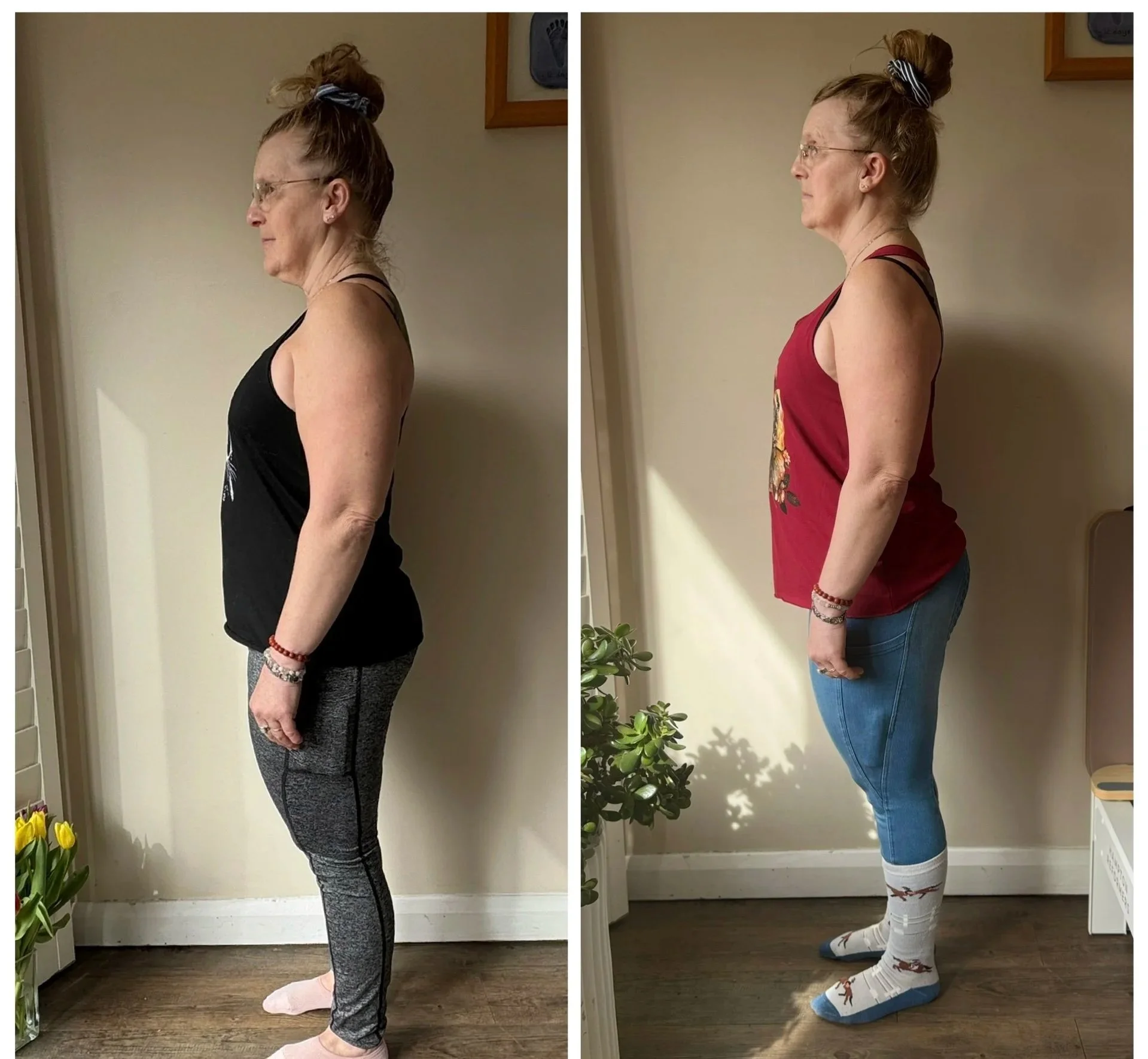 Side-by-side comparison of a woman before and after fitness transformation. In the left image, she is wearing a black tank top, gray athletic pants, and pink socks. In the right image, she is wearing a red tank top, blue jeans, and white socks with a pattern, standing in a room with a houseplant and wooden flooring.
