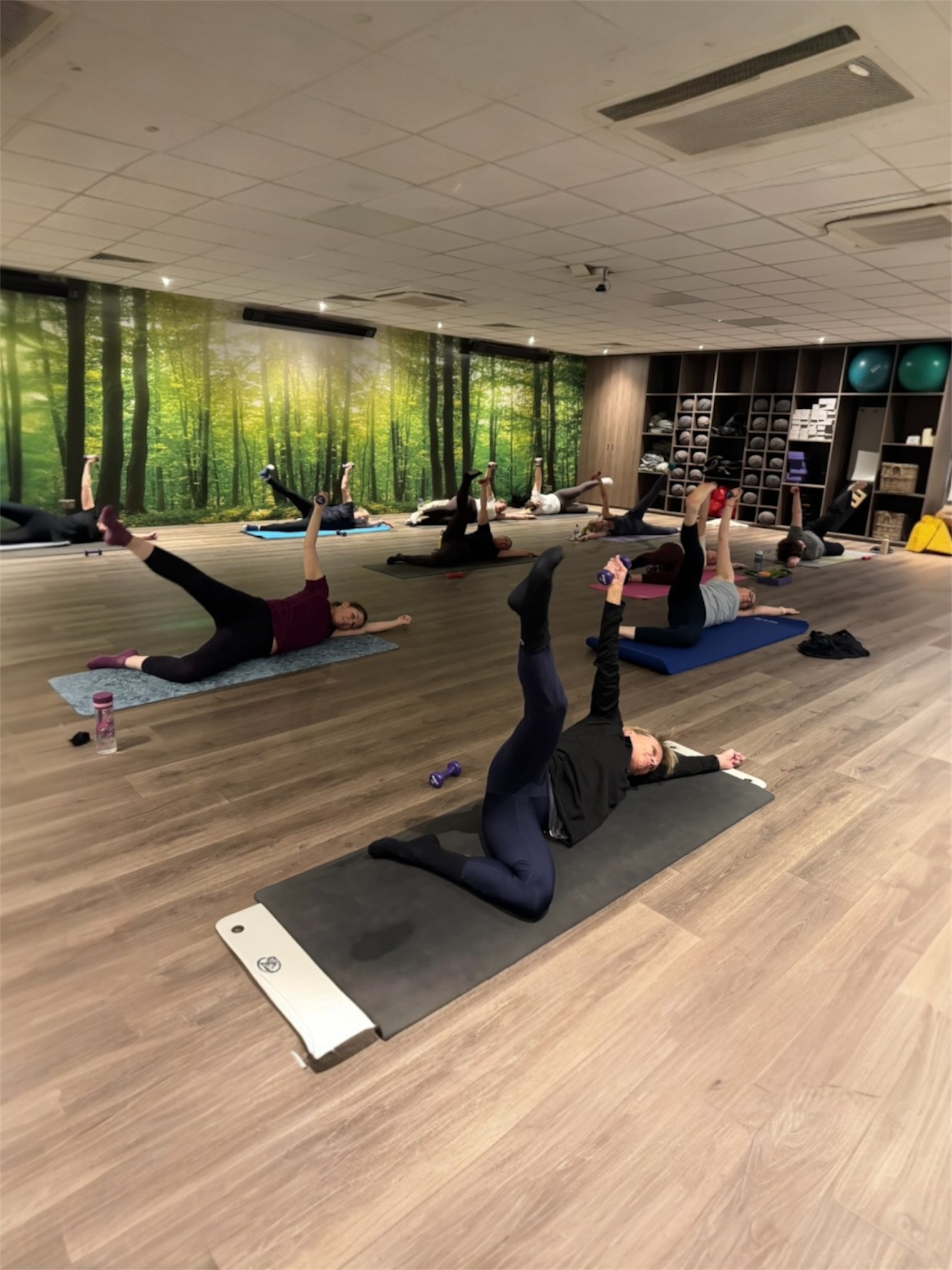 A group of people participating in a fitness class in a gym, doing leg raises on exercise mats. The gym has wood flooring, a forest mural on the wall, and workout equipment such as medicine balls and dumbbells.