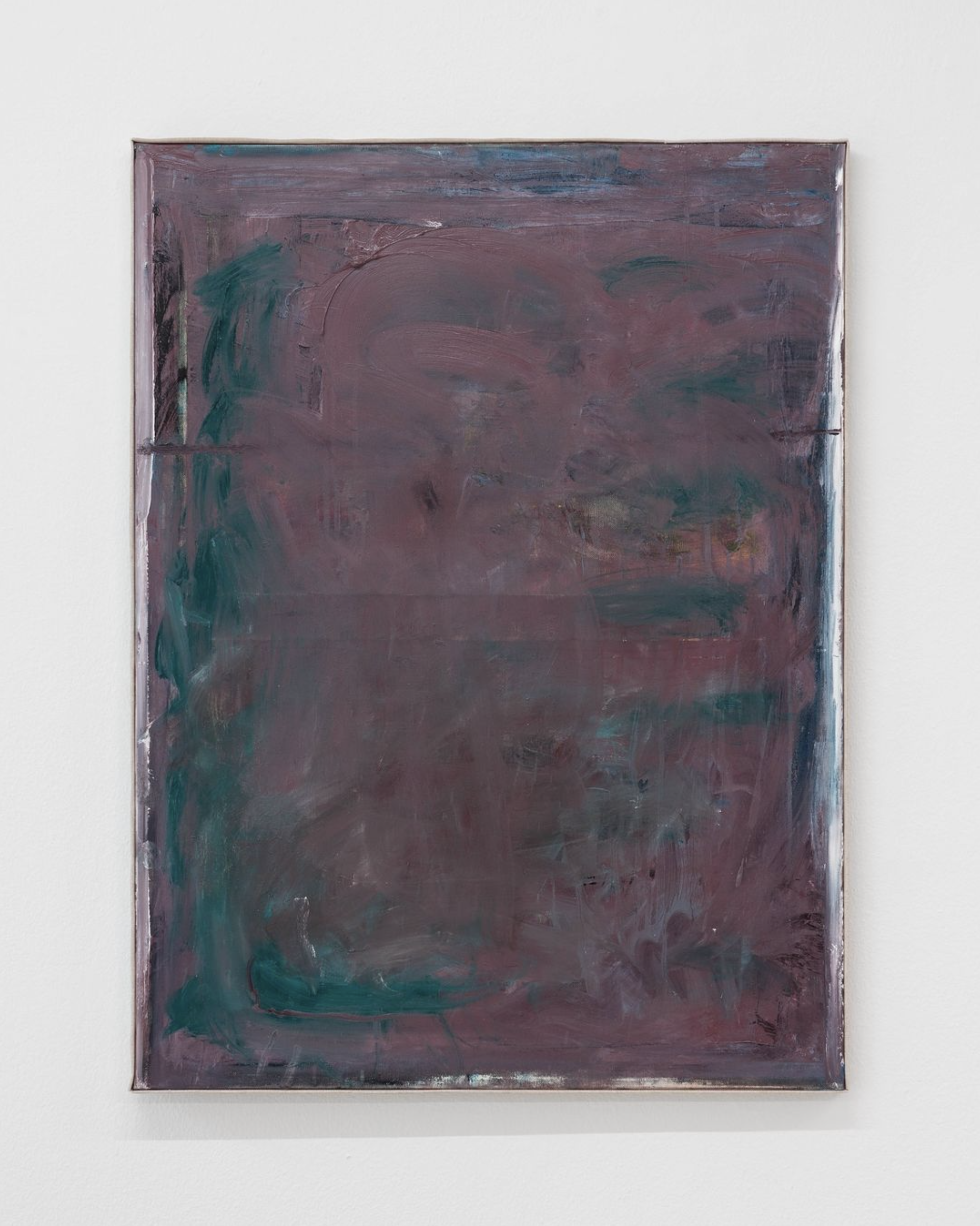 Abstract painting with dark purple and green hues on a canvas, featuring textured brushstrokes and a subtle mix of colors.