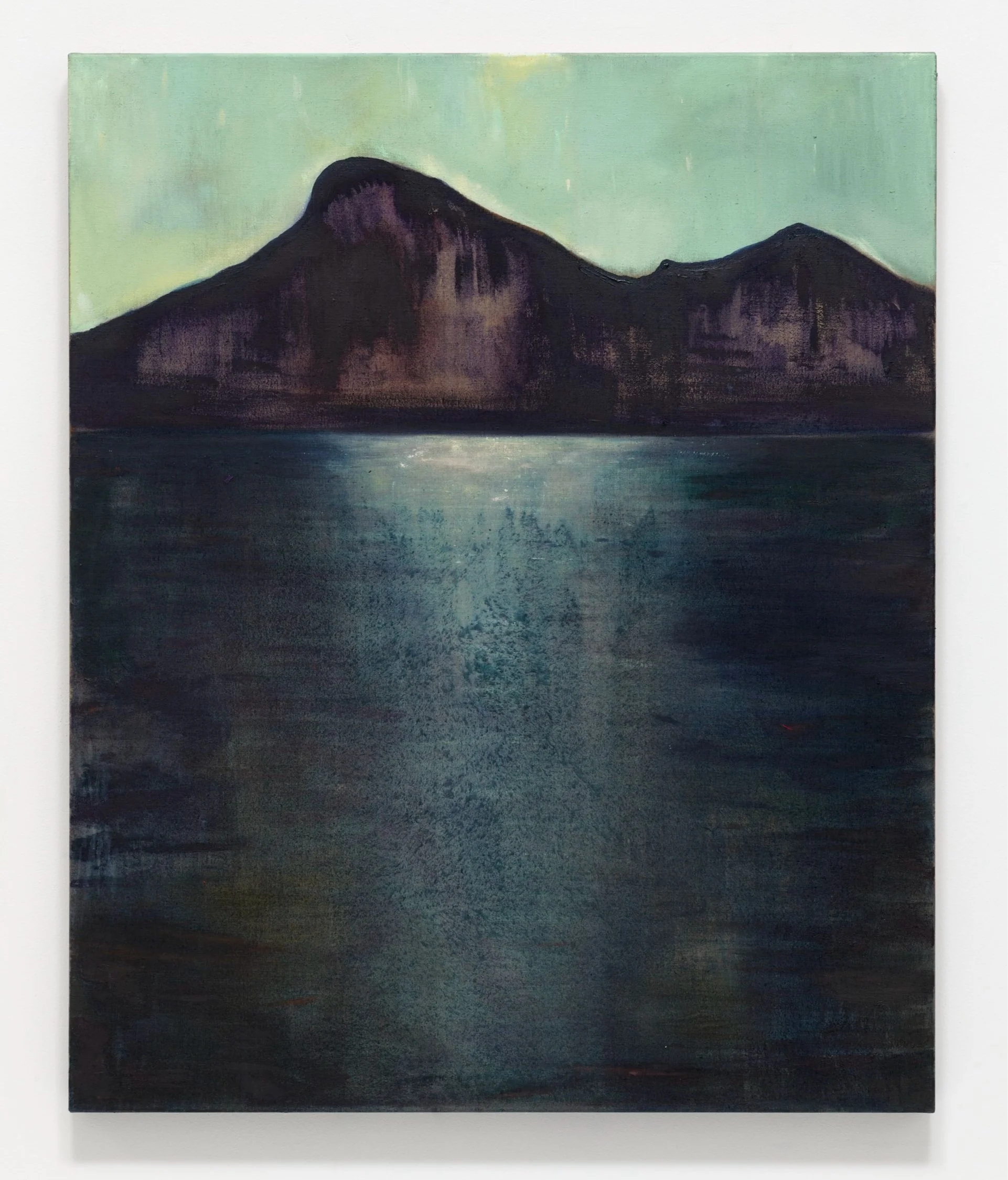 Painting of a silhouetted mountain against a twilight sky with a reflective body of water below.