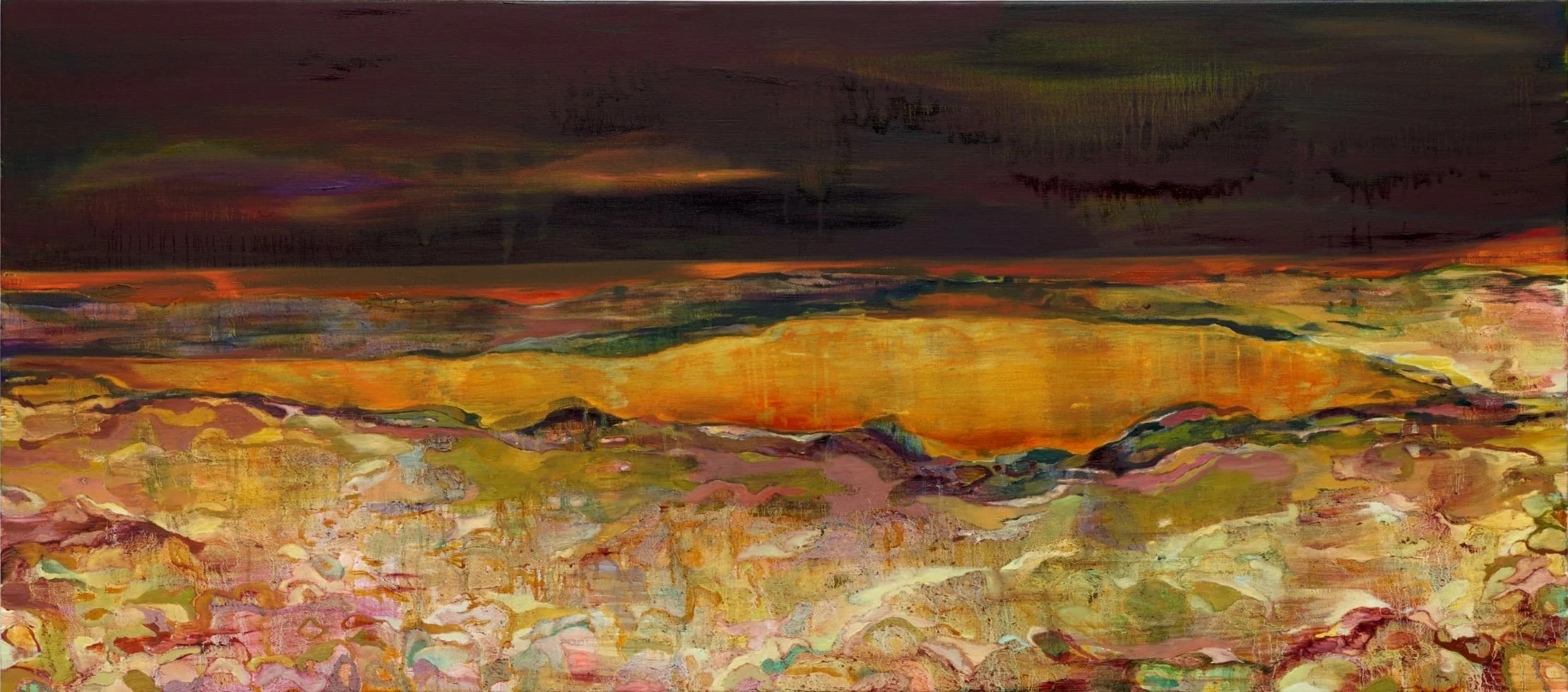 Abstract landscape painting with dark skies and vibrant earth tones, featuring swirls of yellow, orange, and red hues.