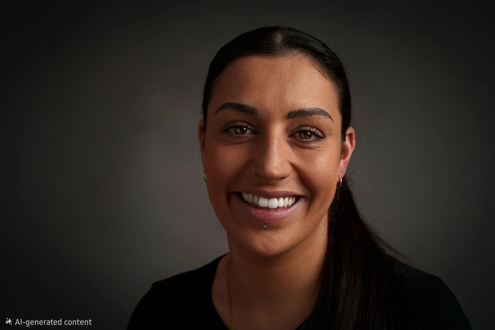 Close-up portrait of a smiling woman with dark hair, light skin, and jewelry, against a dark background.
