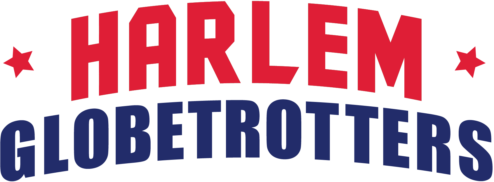 Harlem Globetrotters logo with red and blue text and stars.