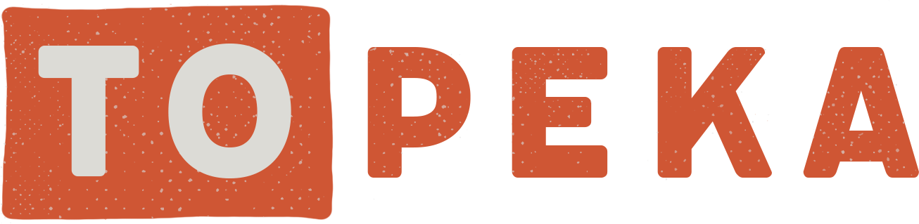 Graphic logo of the word "TOPEKA" in large, bold, tan letters on a reddish-orange background with a distressed texture.