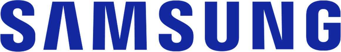Close-up of blue Samsung logo on a surface.