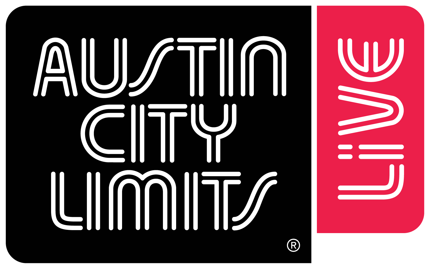 Logo with the words "Austin City Limits" in neon-style lettering, with a black and red background.