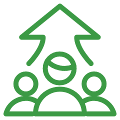Green outline of a person with a graduation cap, surrounded by two smaller circles representing people, indicating celebration or achievement.