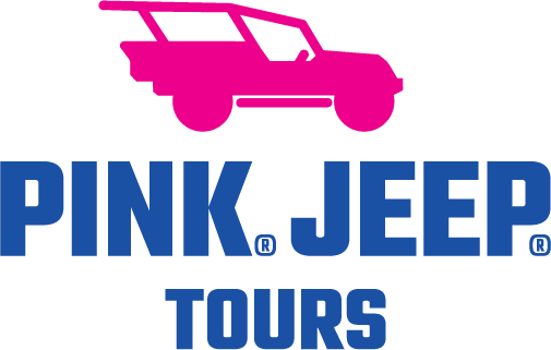 Logo of a pink Jeep with the text 'Pink Jeep Tours' in blue below the image.
