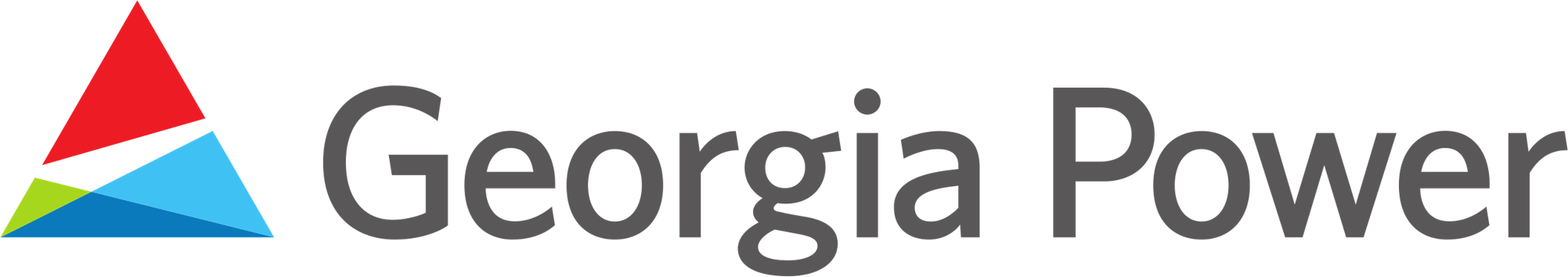 Logo of Georgia Power with a triangle made of red, black, green, blue, and light blue sections and the words Georgia Power in gray text.