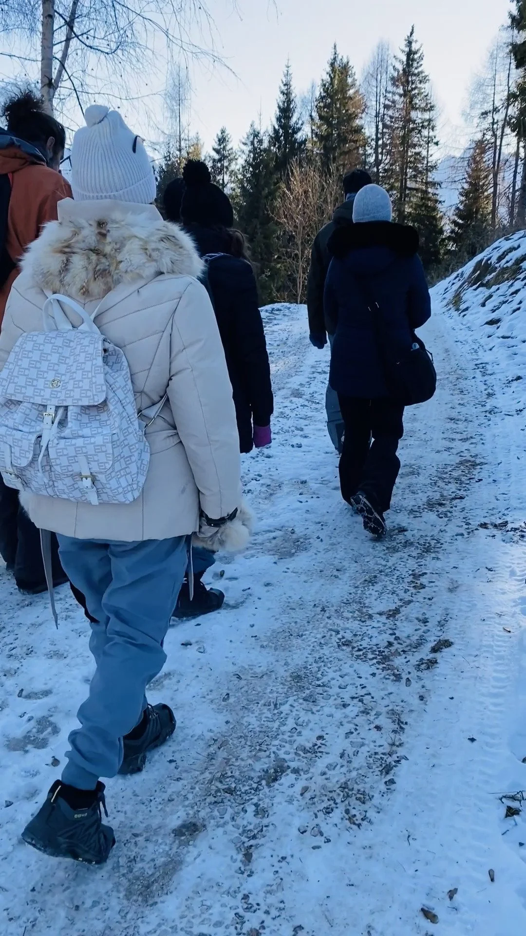Gruppo di persone che camminano su un sentiero innevato in mezzo agli alberi di una foresta in montagna.