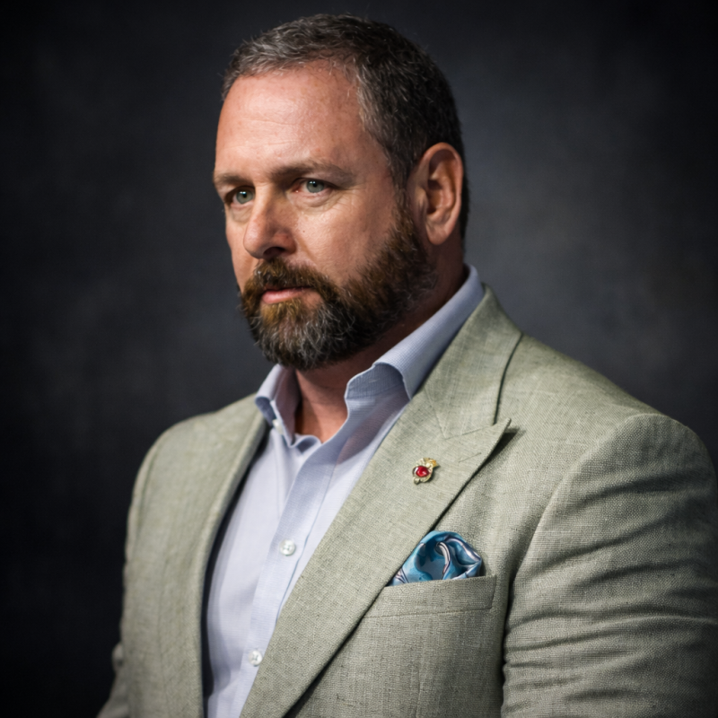 A middle-aged man with a beard and short hair, wearing a light-colored blazer, a white dress shirt, and a patterned pocket square, standing against a dark background.