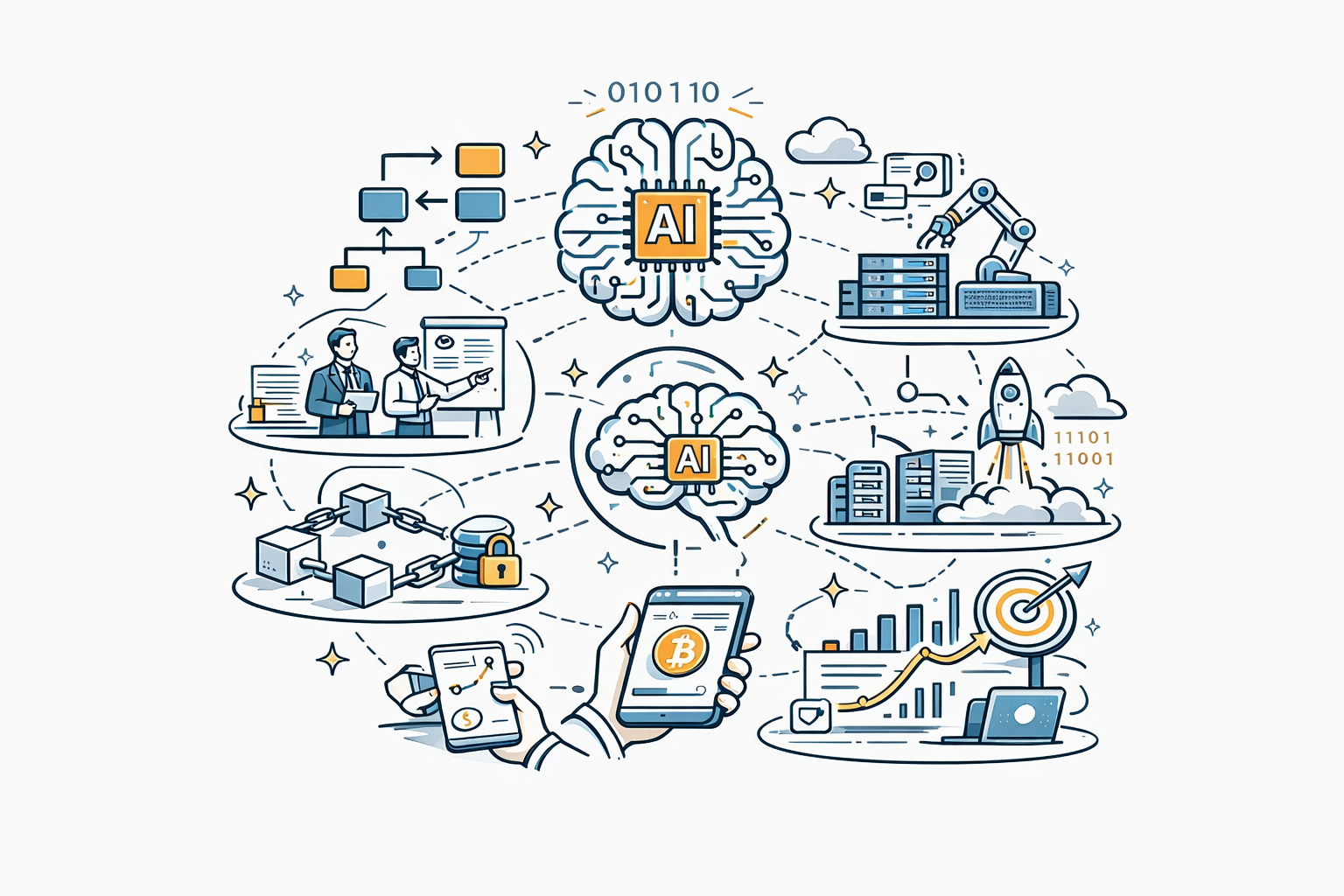 Illustratie van kunstmatige intelligentie (AI) en blockchain technologie, inclusief robots, mensen met tablets, grafieken, encryptiesloten, en een raket, verbonden via een netwerk, met digitale data en bitcoin symbolen.