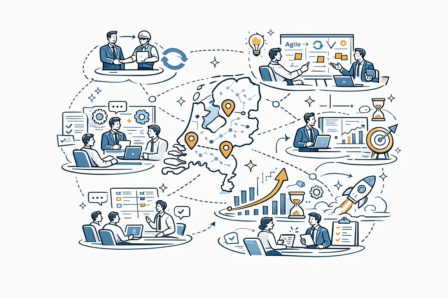 Illustratie van teamwork en innovatie met mensen in vergaderingen, grafieken, een raket, en een wereldkaart met locaties.
