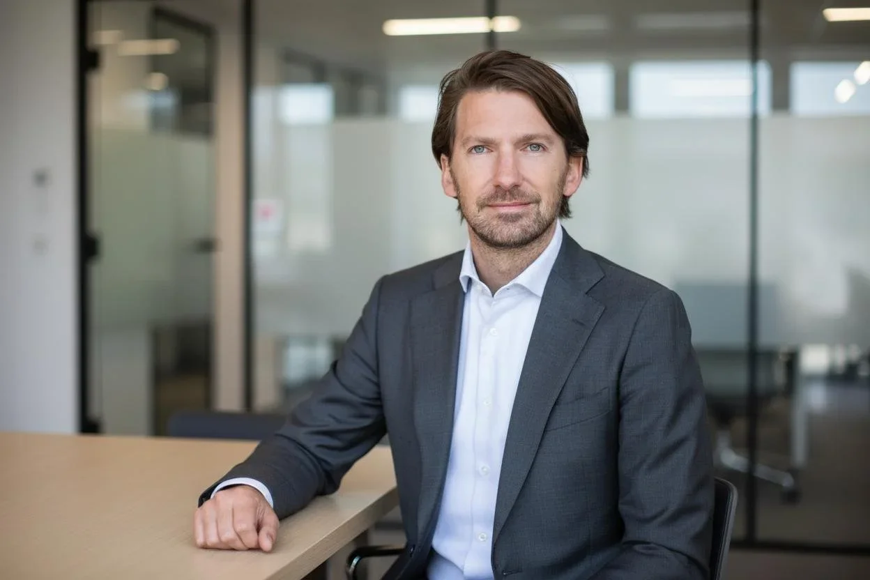 Een man met bruin haar en een baard, gekleed in een donkergrijs pak en een wit overhemd, zit aan een tafel in een modern kantoor. Hij kijkt publiek en serieus.