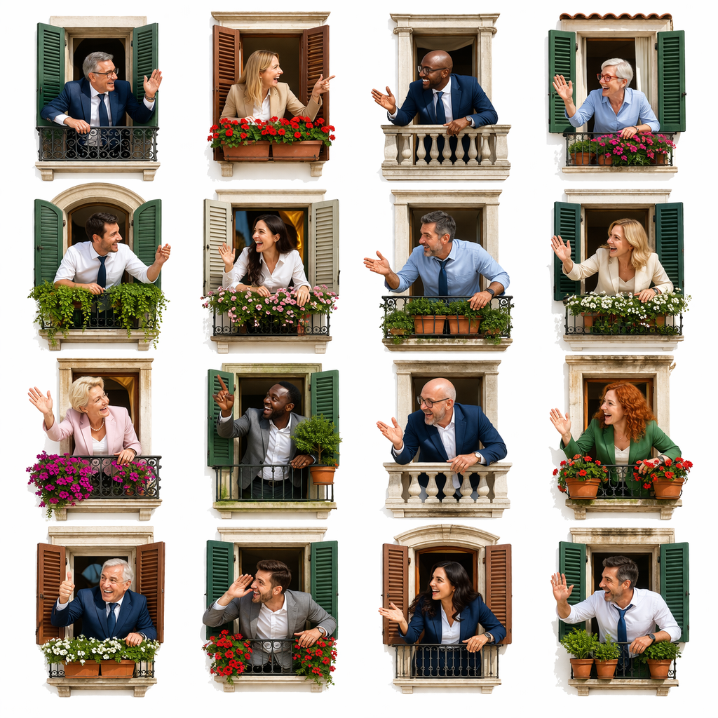 Vijftien mensen, mannen en vrouwen van verschillende leeftijden en etniciteiten, staan of zitten op balkons en hangen uit de ramen van een gebouw, terwijl ze met elkaar praten en lachen.