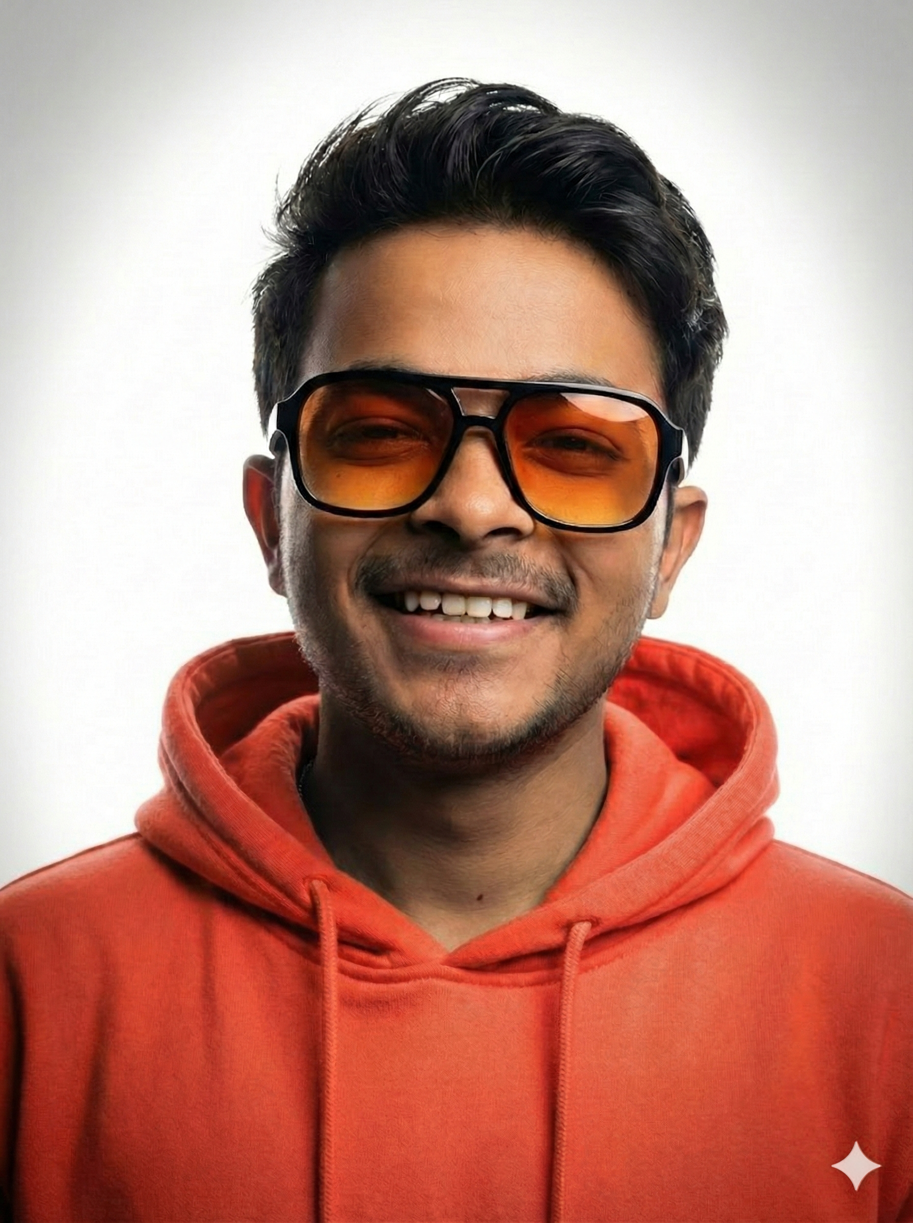 Close-up van een lachende man met donkere haar, zonnebril met oranje glazen en een rode hoodie op een witte achtergrond.
