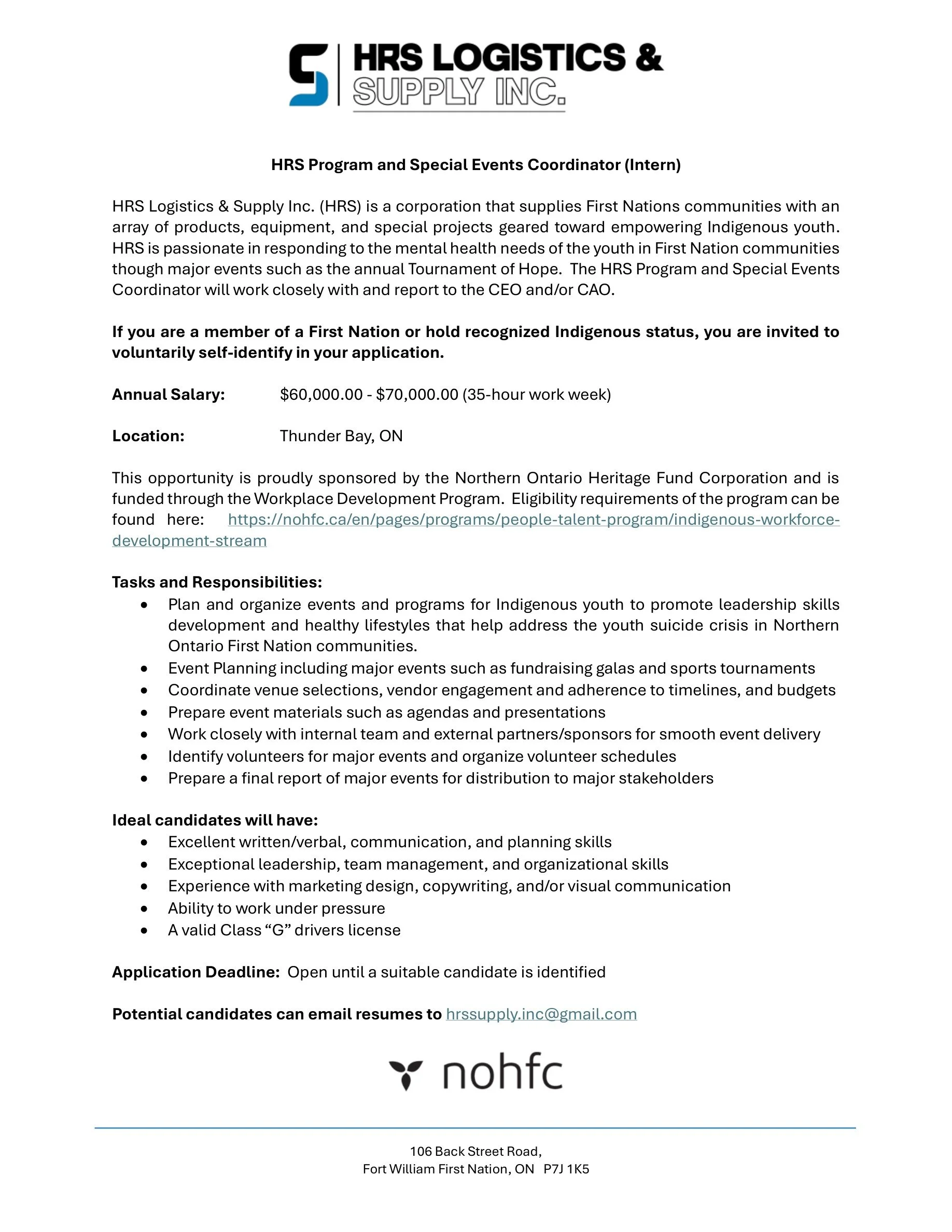 HRS Program and Special Events Coordinator Intern Job posting
