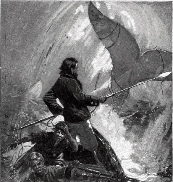 A man standing upright, holding a spear, facing a large whale emerging from the water, all in a black-and-white illustration.