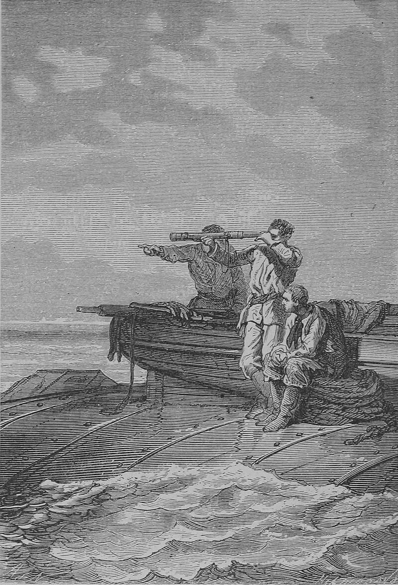 Illustration of three men on a small boat, with one man aiming a telescope and another looking through binoculars