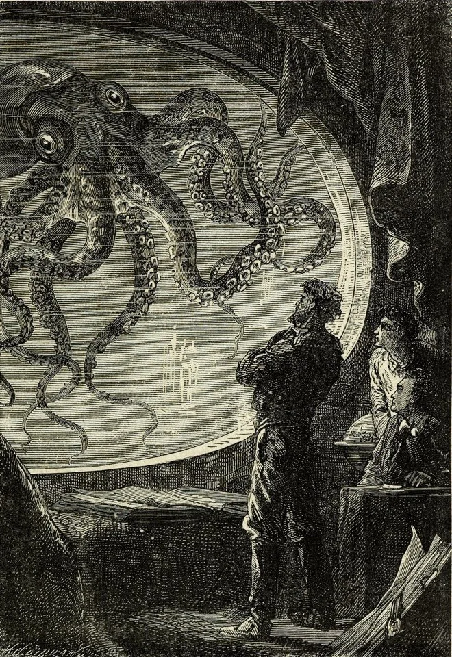 An illustration of a giant octopus inside a circular tank, viewed by three men in a room with curtains, books, and papers.