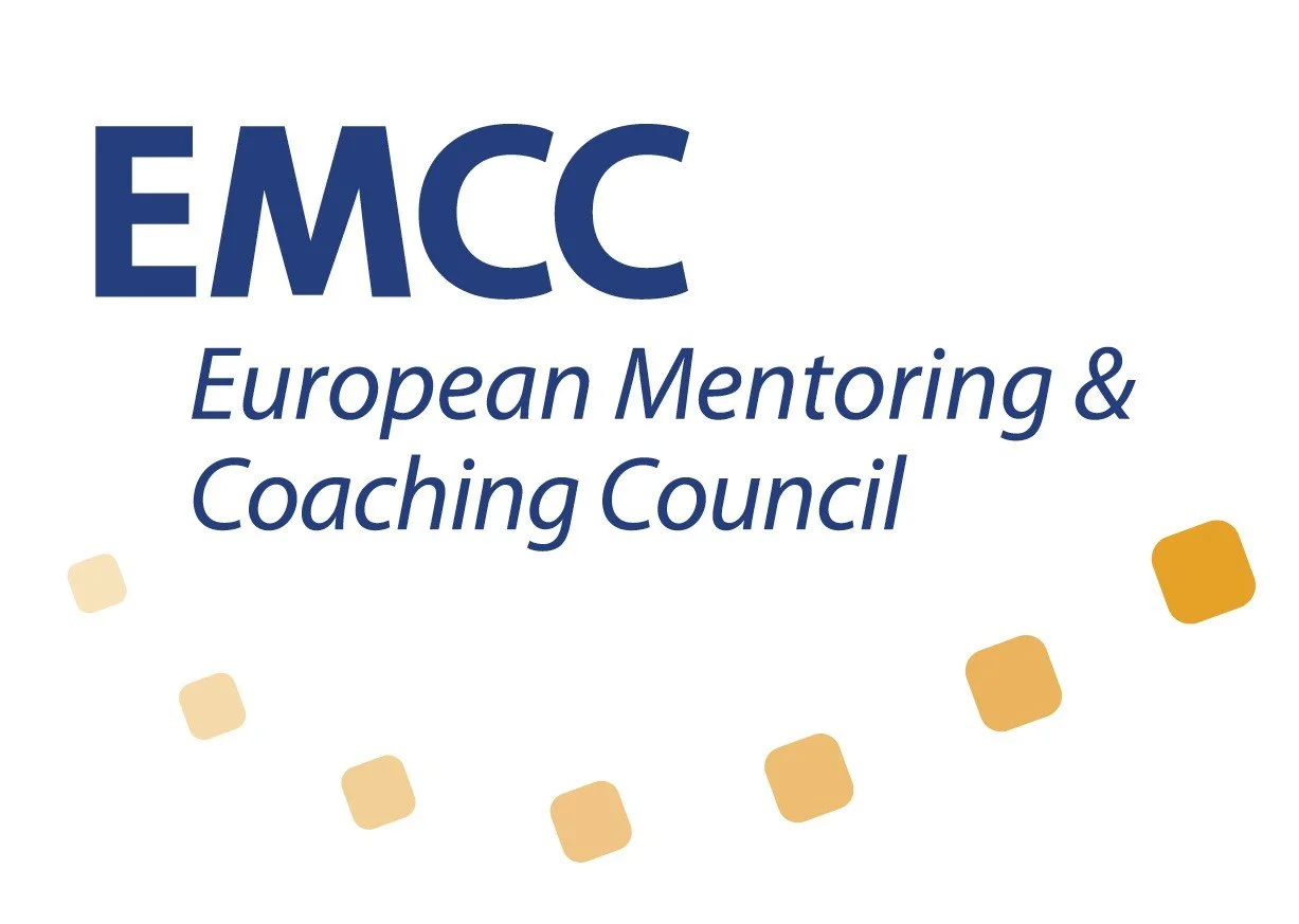 EMCC European Mentoring and Coaching Council logo with text and a semi-circular pattern of beige and gold squares.
