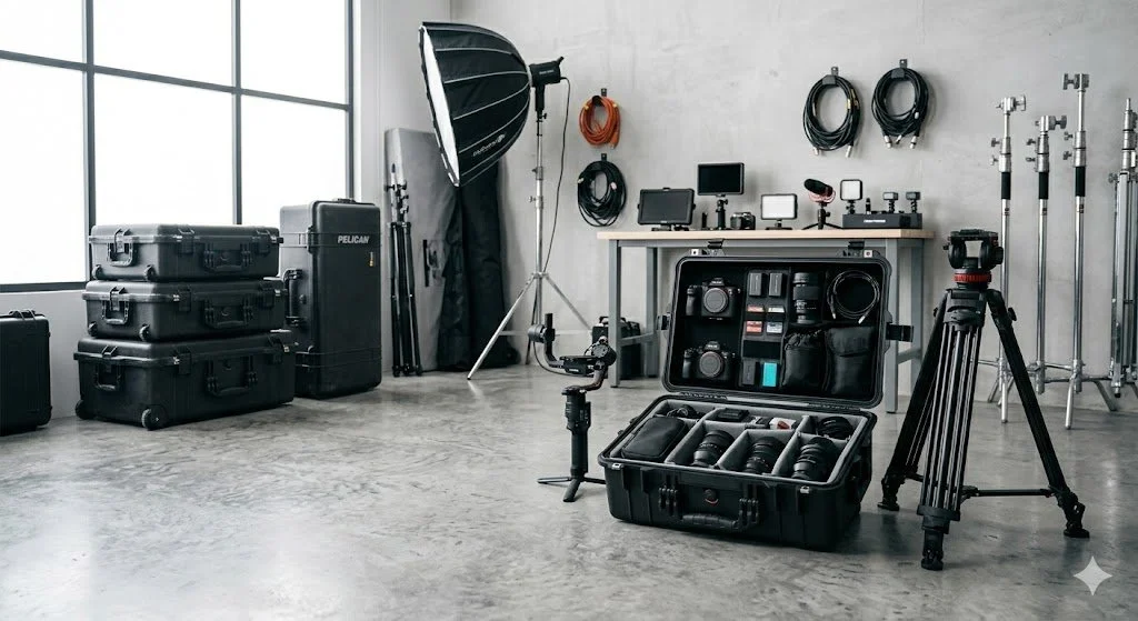 Photography studio with lighting equipment, camera gear, and accessories