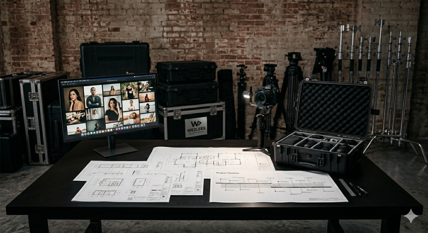 Photography studio setup with a computer monitor displaying headshots, architectural drawings, cameras, lenses, tripods, and lighting equipment on a black table against a brick wall.