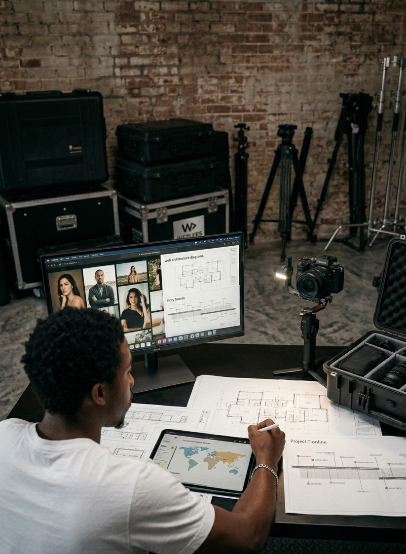 A person working at a table with architectural plans and a tablet, in a room with a brick wall background, surrounded by camera equipment, a laptop displaying photos and diagrams, and various other tech gear.