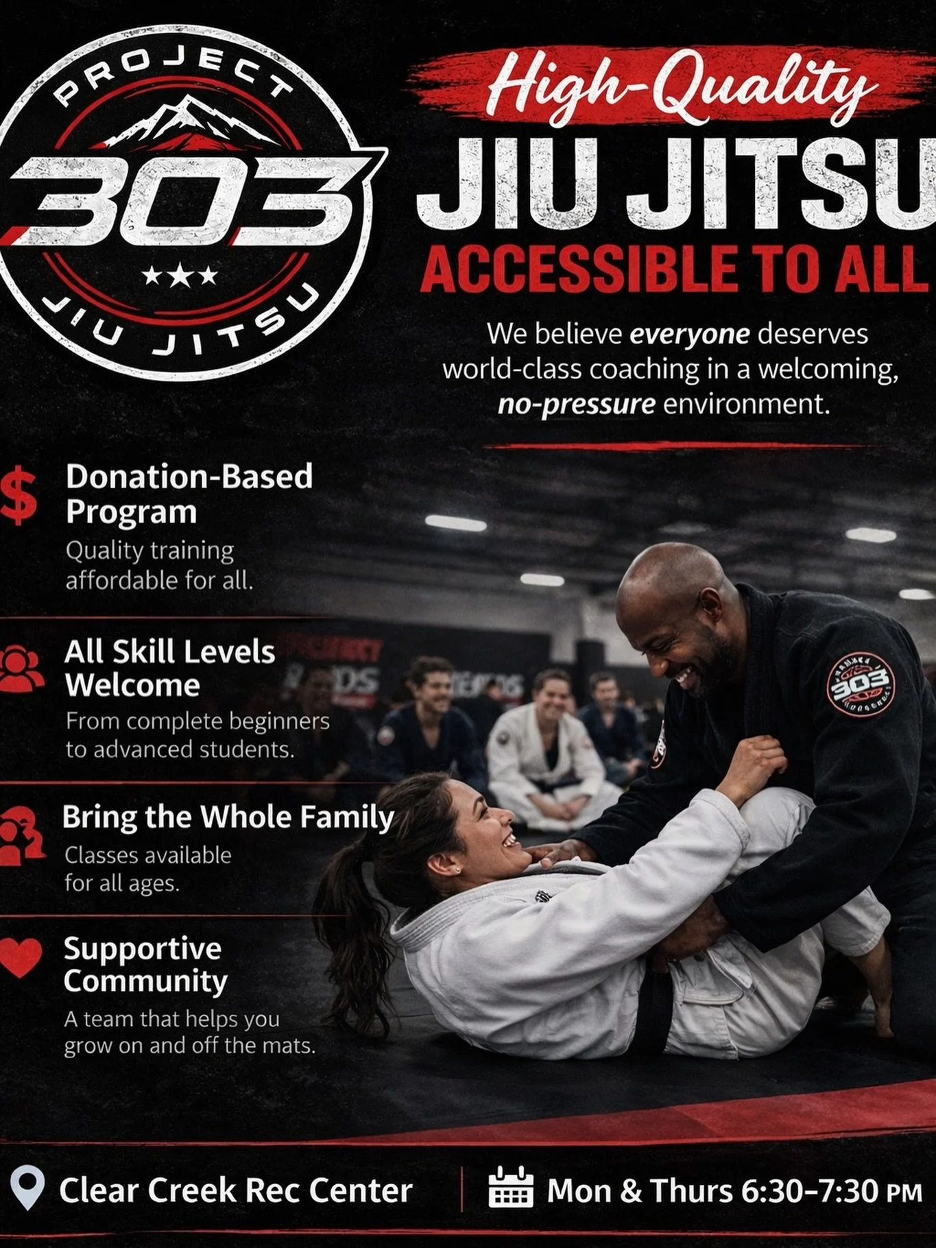 Train at a high level&mdash;without barriers.

No experience needed. 
Family-friendly.

Come see what we&rsquo;re building 🥋

📍 Clear Creek Rec Center
🗓️ Mon/Thurs 6:30&ndash;7:30 PM
Starting *tentatively* June 1 

📩 DM us to get started