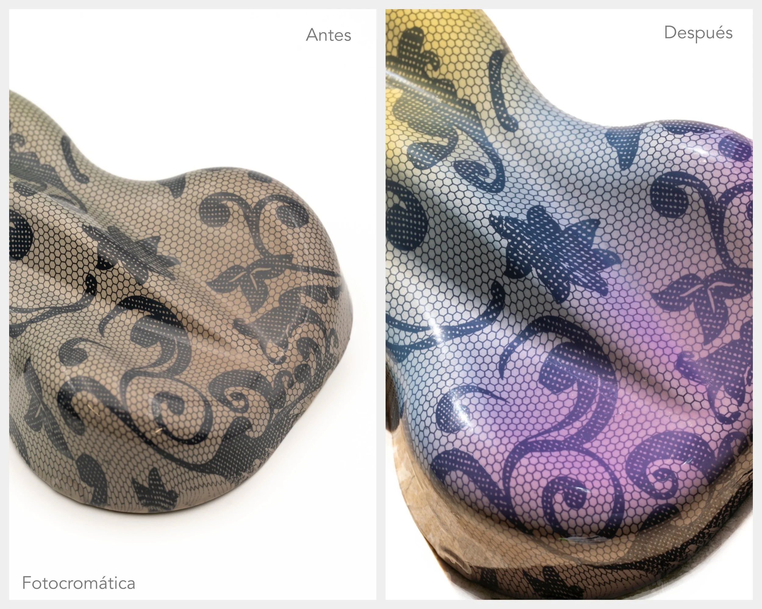 Antes y después de un tratamiento de eliminación de tatuajes que muestra un tatuaje en la piel. La imagen izquierda es en modo fotocrómico, mostrando el tatuaje en la piel, y la derecha en modo normal, visible la piel tratada sin tatuaje.